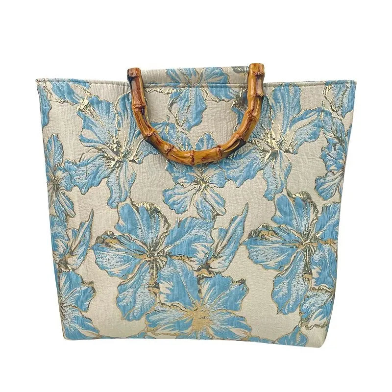 Women's Light Blue Bronzing Flower Canvas Bag