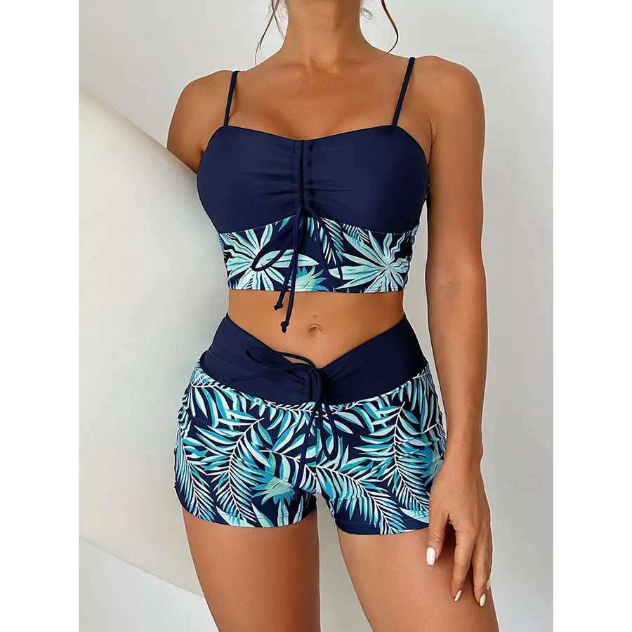 Women's Split High Waist Boxer Lace Printing Swimsuit