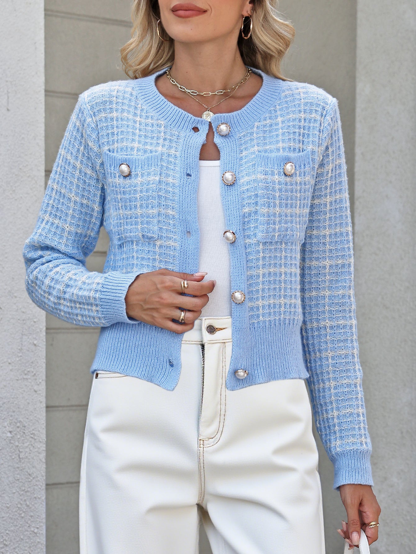 Female Classic Style Temperament Coat Pearl Buckle Fashion Sweater Female