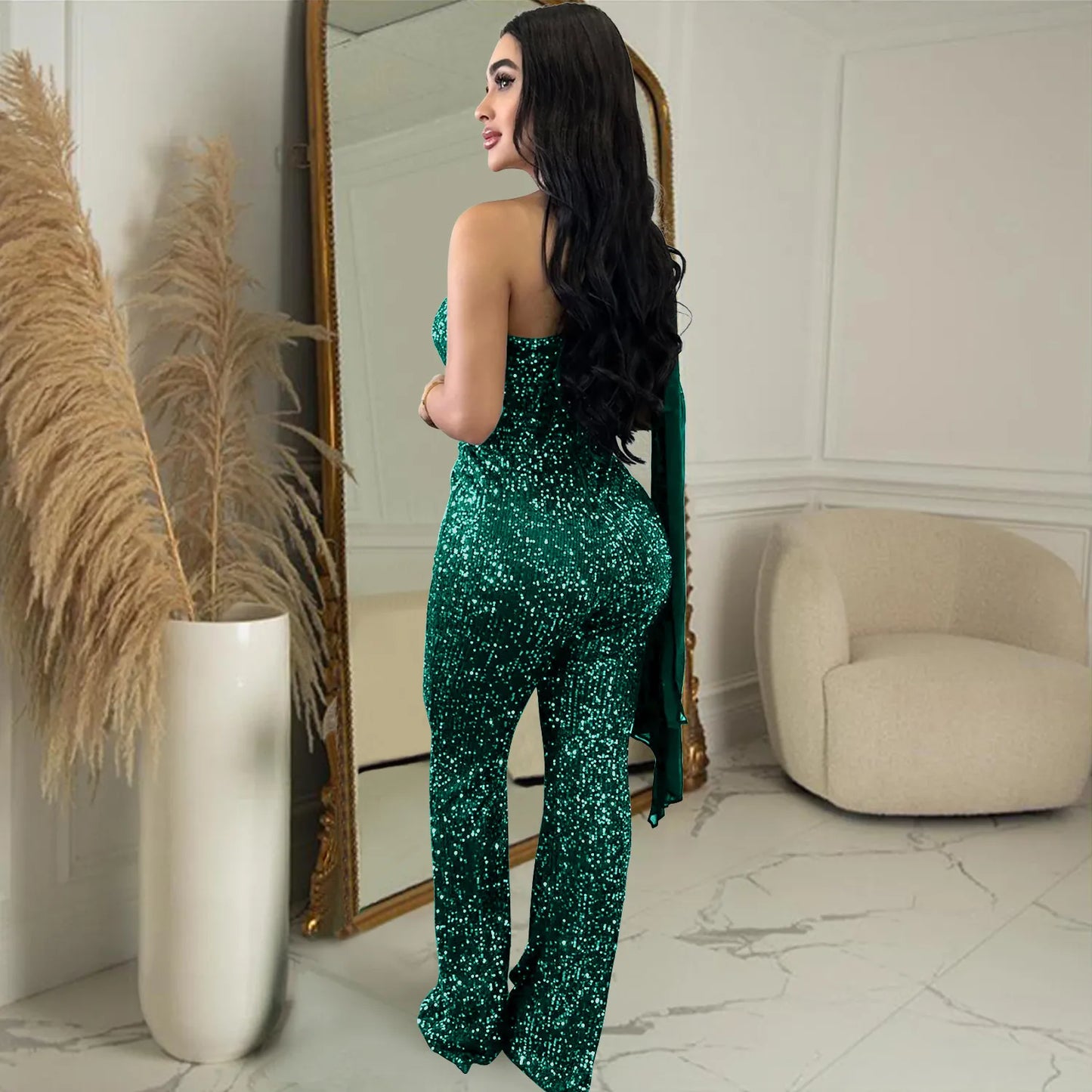 Women's Solid Color Sleeveless One-shoulder Sequined Trousers Jumpsuit