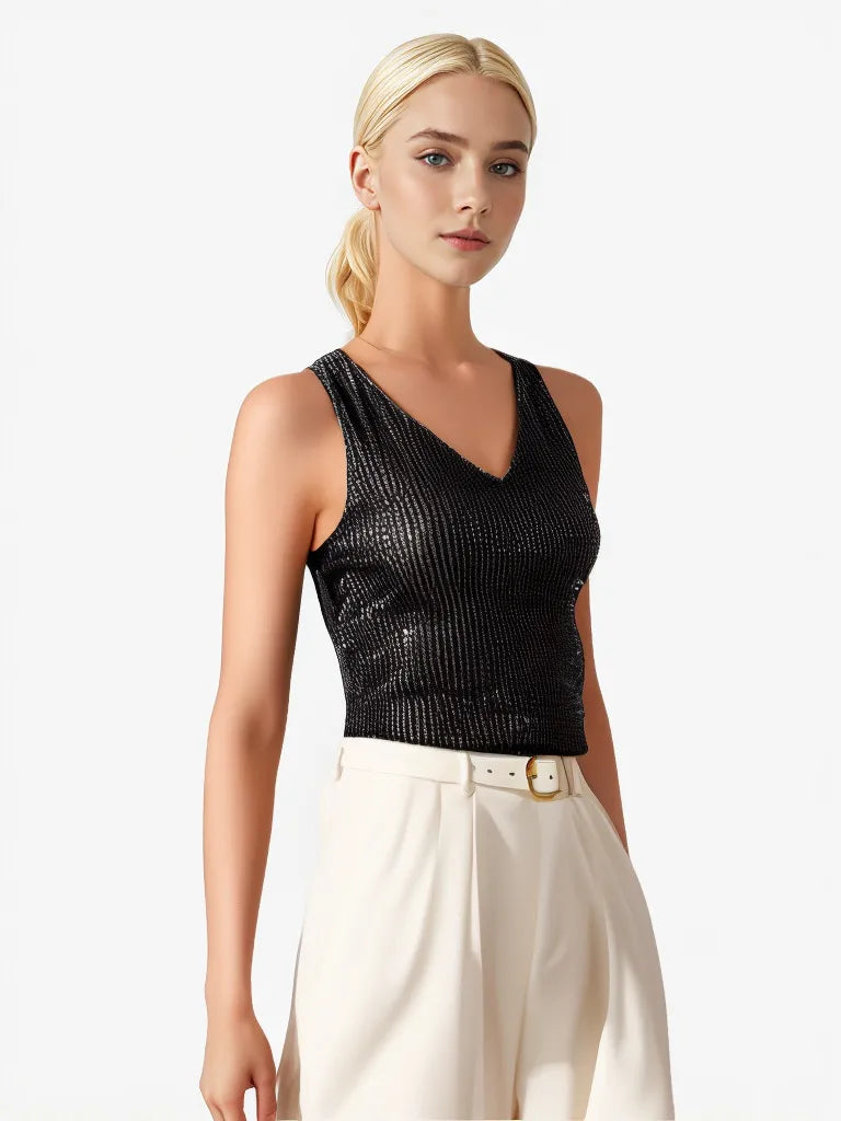 Sexy V-neck Loose Sequined T-shirt Outer Wear Inner Wear Women's Vest