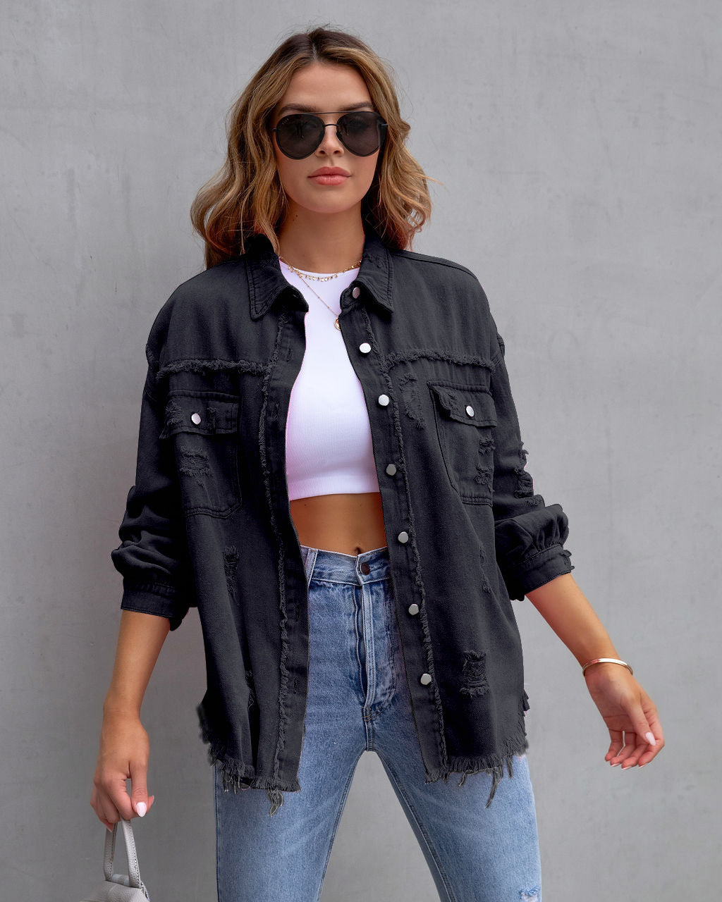 Fashion Ripped Shirt Jacket Female Autumn And Spring Casual Tops Womens Clothing