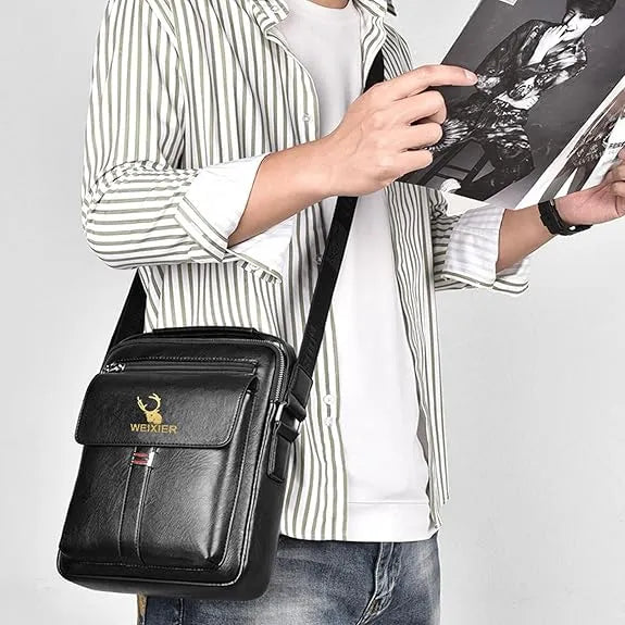 Leather Messenger Crossbody Shoulder Bag For Men Work Business Casual Adjustable Straps With  Metal Zipper-FREE USA SHIPPING