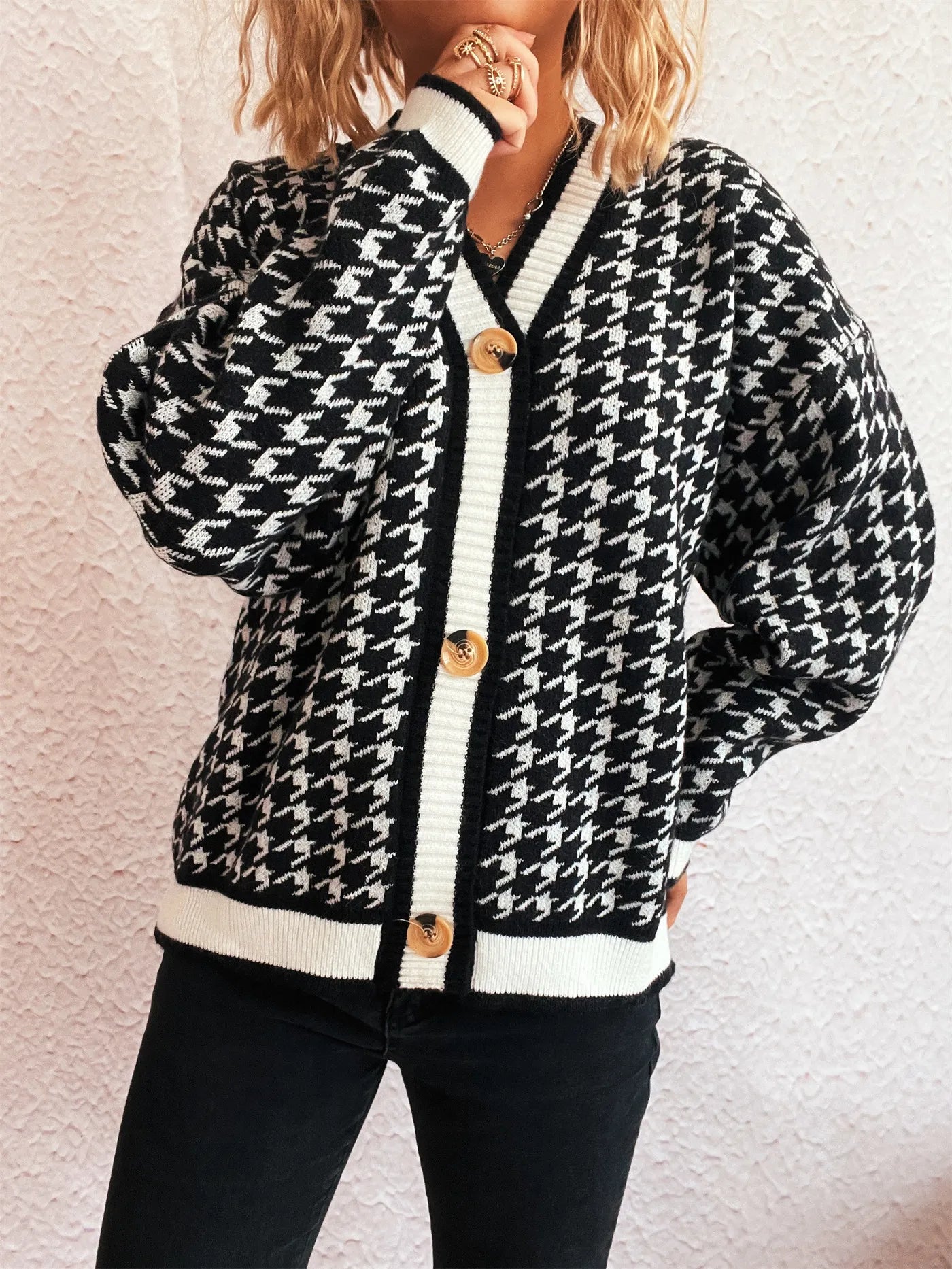 Stitching Plaid Knitted Women's Sweater