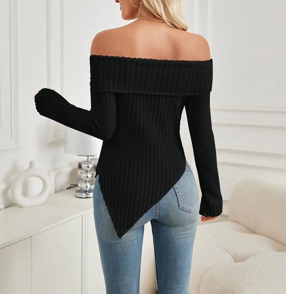 Women's Trendy Knit Ribbed Tops Bow Tie One Shoulder Long Sleeve Sweater Slim Cute Split Shirts Dressy Tops