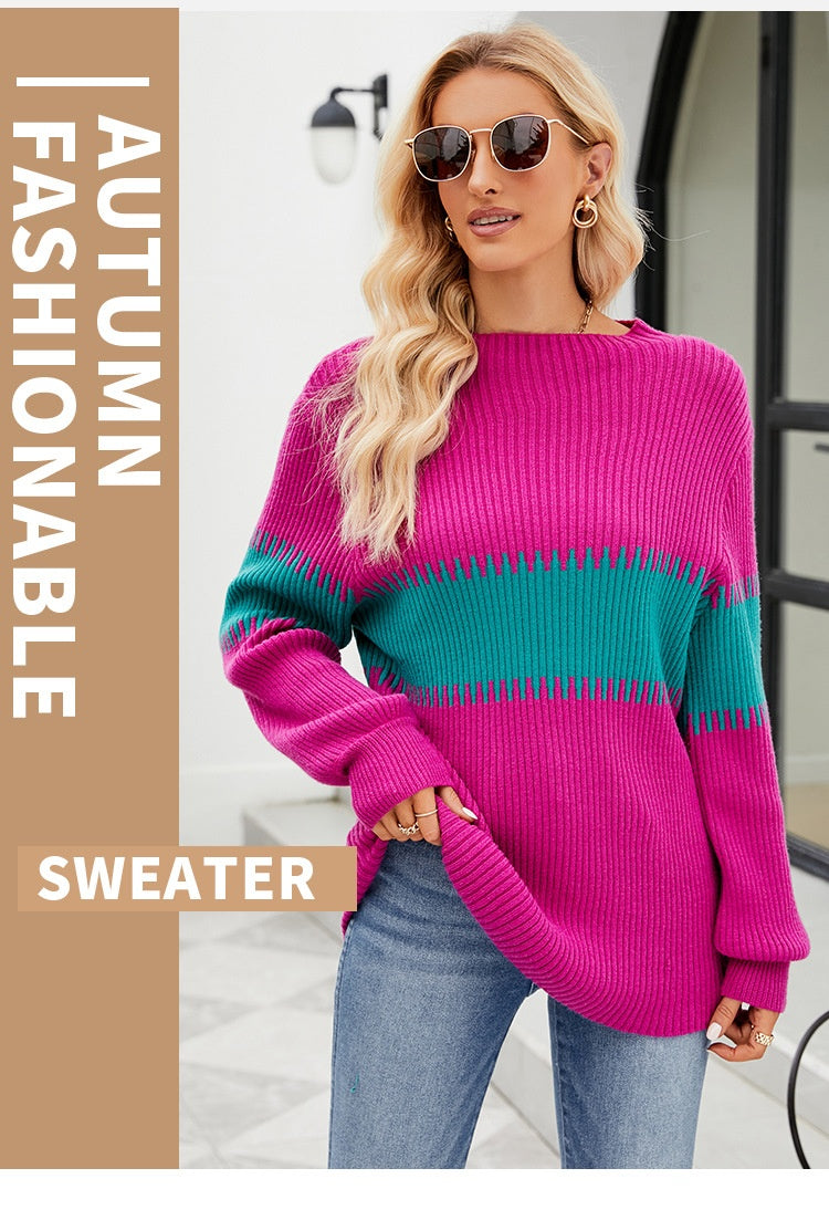 Women's Loose Color Contrast Patchwork Mock Neck Sweater