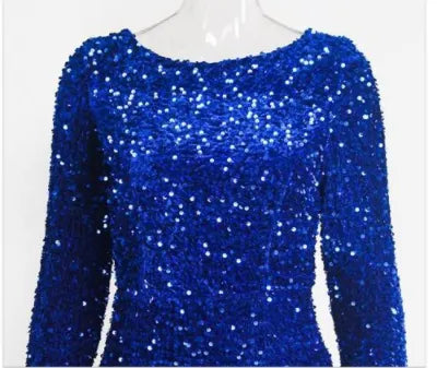 Women Modest Stretch Sequin Royal Blue Evening Prom Gown Party