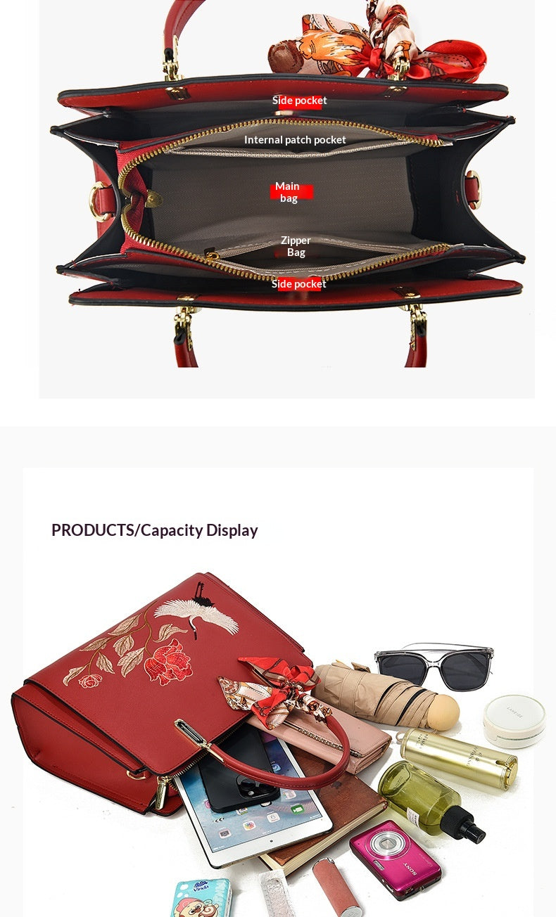 Womens New Chinese-Style National-Flair Embroidered Crane Fashion Crossbody Tote Bag