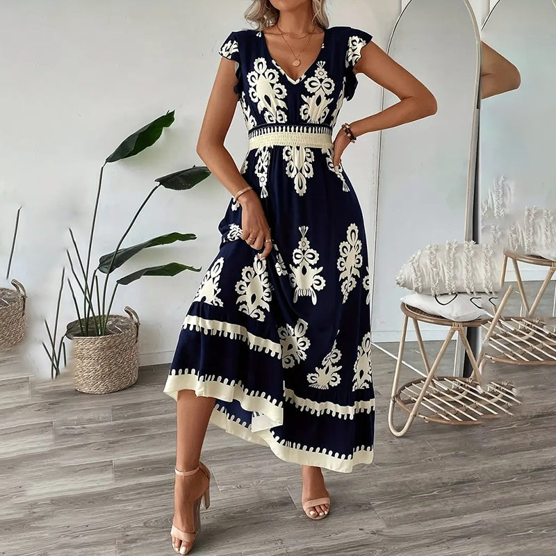 Women's Summer Flowy Maxi Dress Casual Cap Sleeve V Neck Smocked Waist Beach Sundress-FREE USA SHIPPING