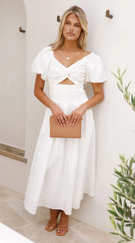 Women's Solid Color And V-neck Long Puff Sleeve Long Slimming Dress