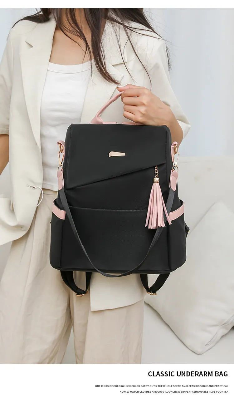 Oxford Cloth Stitching Women'S Backpack Anti-Theft Back Zipper Girls Schoolbag Casual Travel Double Shoulder Backpack