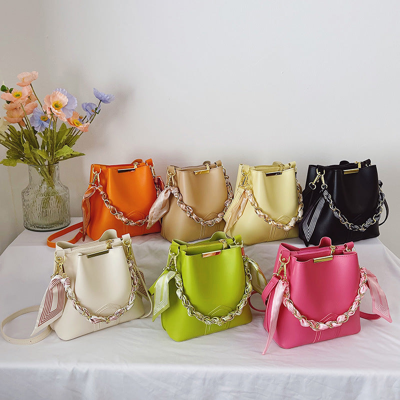 Leather Bucket Tote Bag with Chain Sling Handle