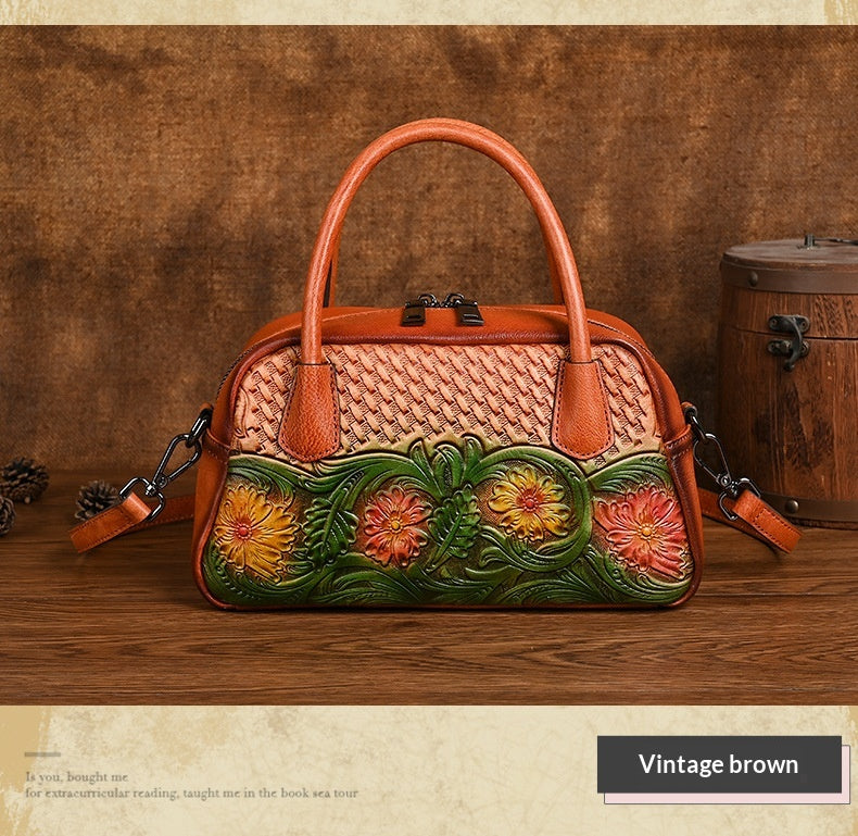 Retro Ethnic-style Full-grain Leather Shoulder Bag For Women