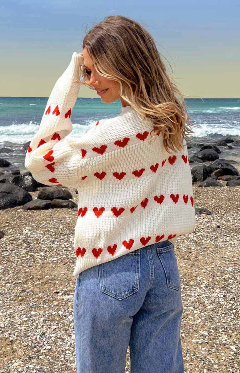 Sweet Cute Love Heart Two-tone Jacquard Contrast Color Round Neck Long Sleeve Sweater