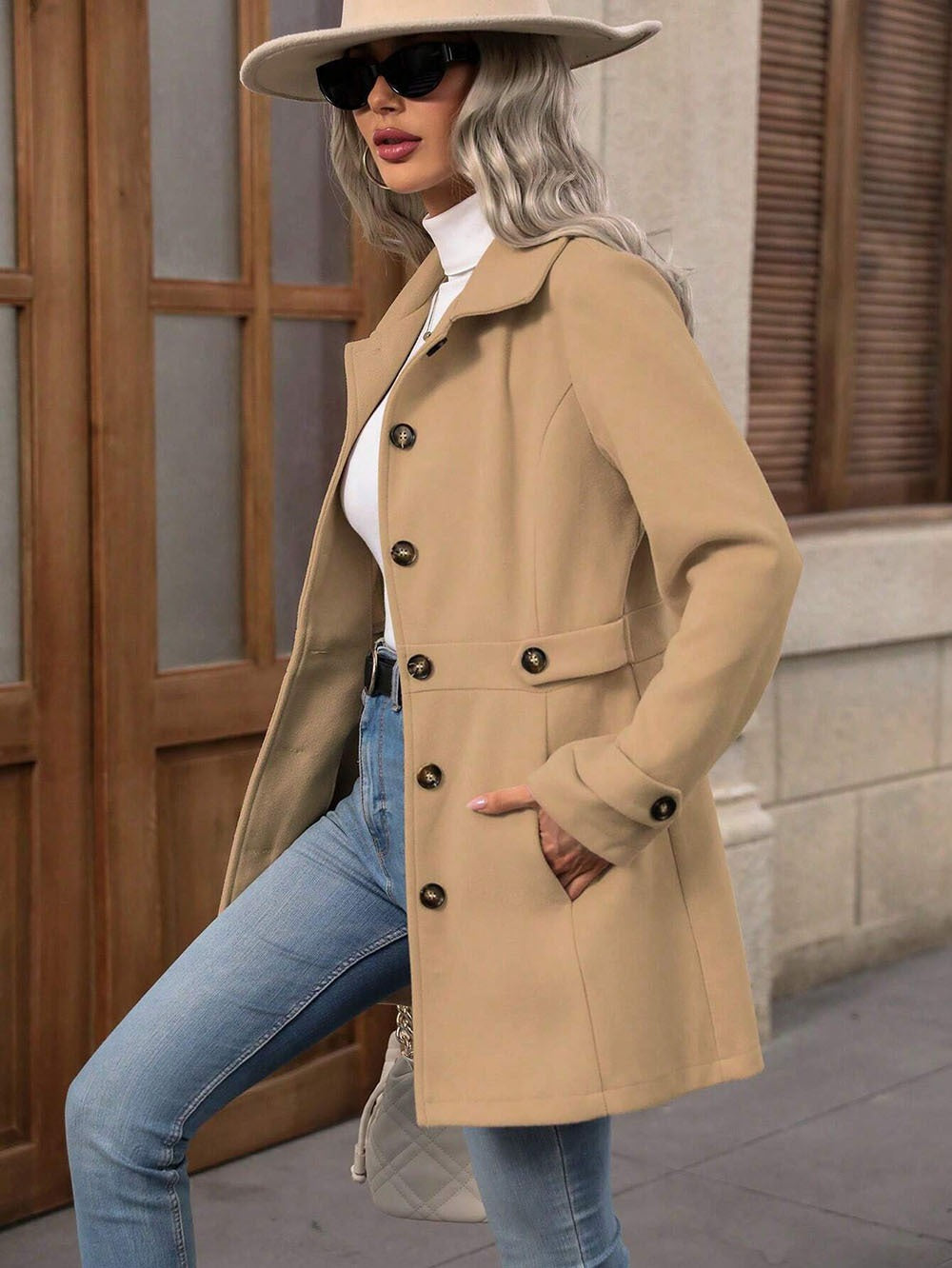 Mid-length Elegant Lapel Button Temperament Slim-fit Woolen Coat
