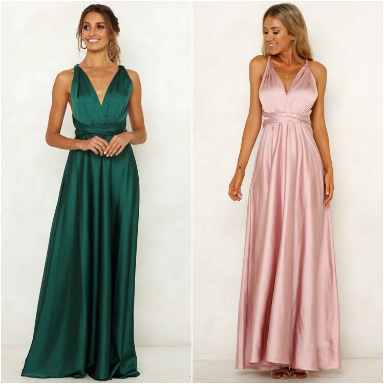 Deep V-neck Sleeveless Lace-up Sexy Backless High Waist Large Swing Satin Dress
