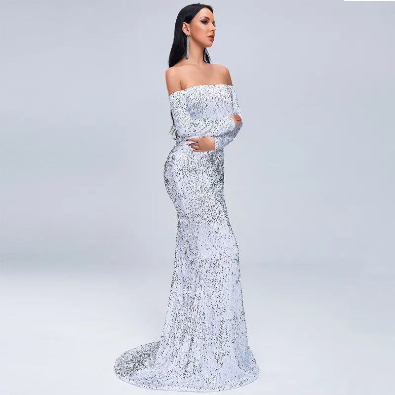Sexy Strapless Long Sleeve Sequins Party Evening Dress