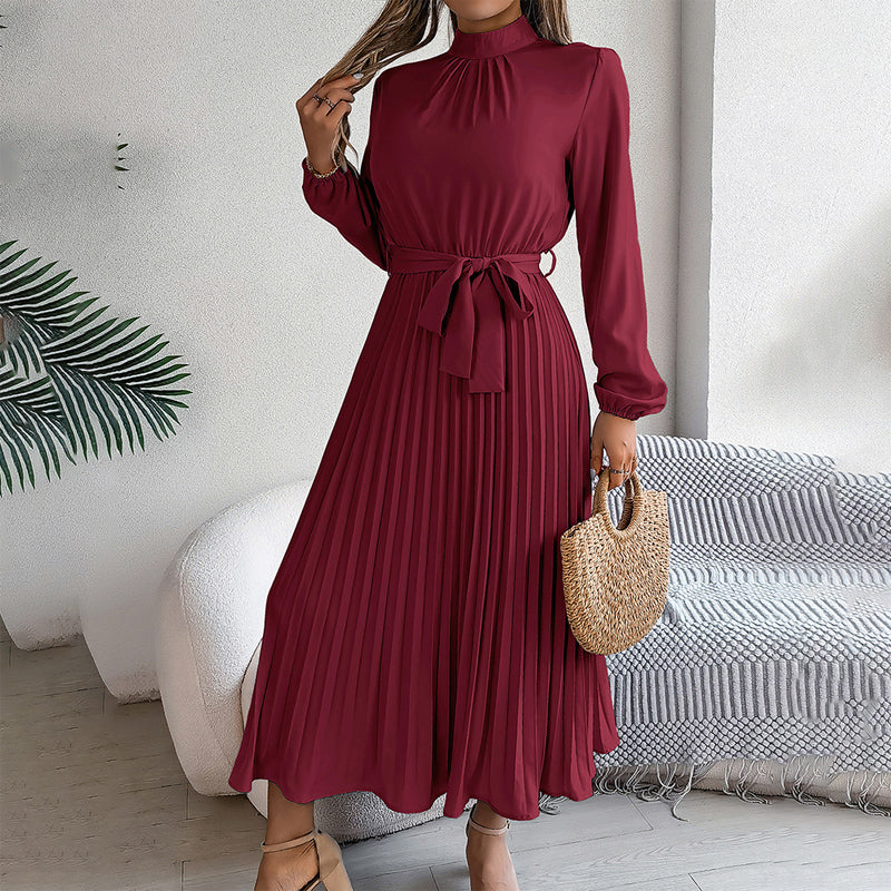 Elegant High Neck Long Sleeve Pleated Maxi Dress - Solid Color Flowy Dress For Women, Casual To Formal Wear-FREE USA SHIPPING