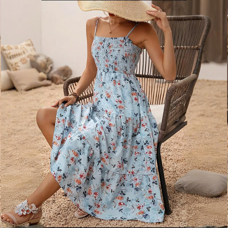 Womens Summer Floral Midi Dress Smocked Spaghetti Strap Sleeveless Tiered Casual Flowy-FREE USA SHIPPING Dresses