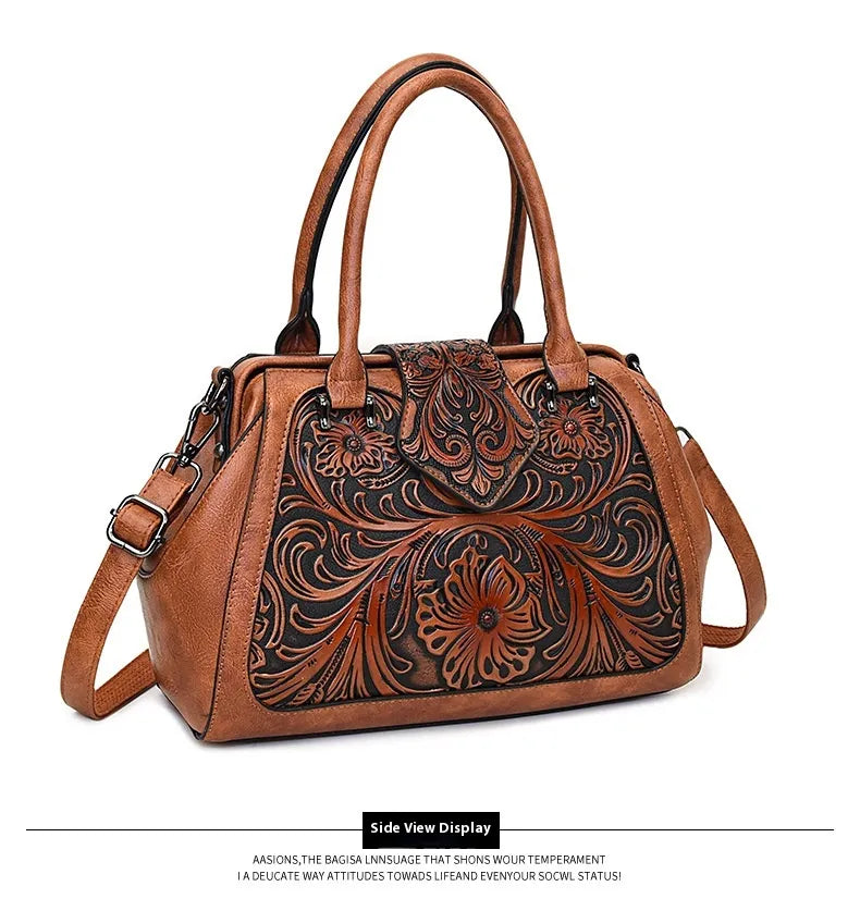 Handmade Carved One-shoulder Women's Leather Bag