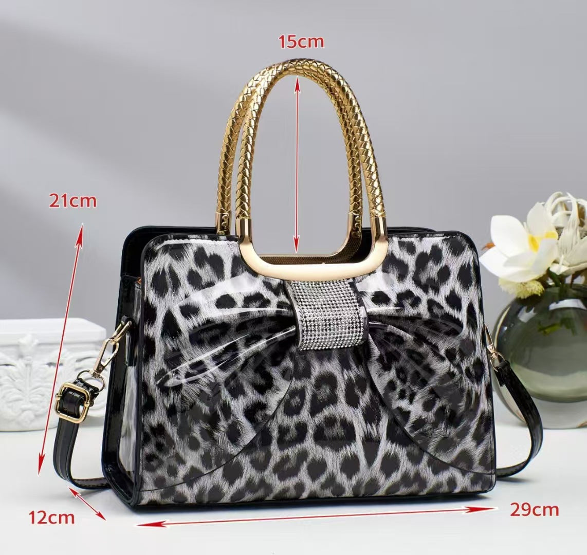 Hot-stone Embellished Fashionable Versatile Chic Leopard-print Womens Bag