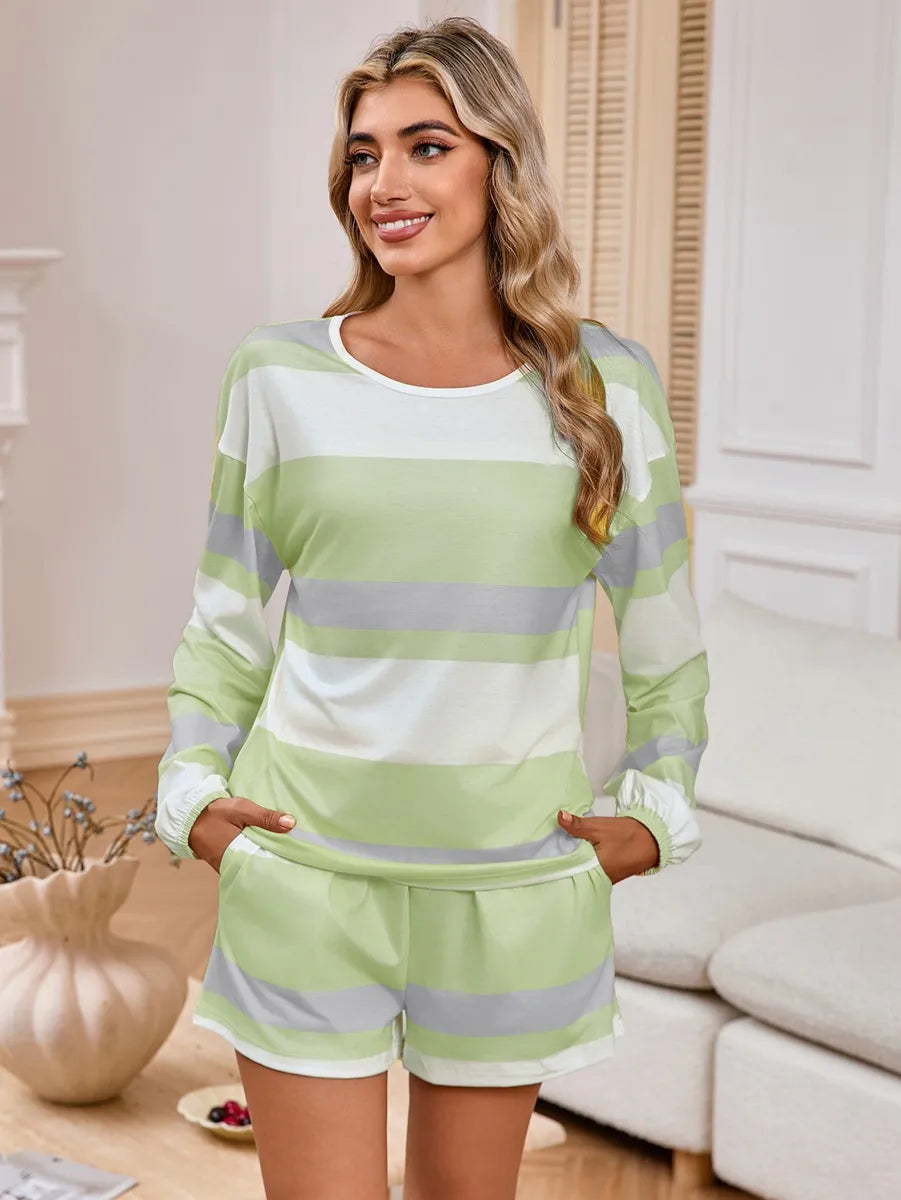 Women's Long Sleeve Striped Top Shorts Casual Suit Pajamas