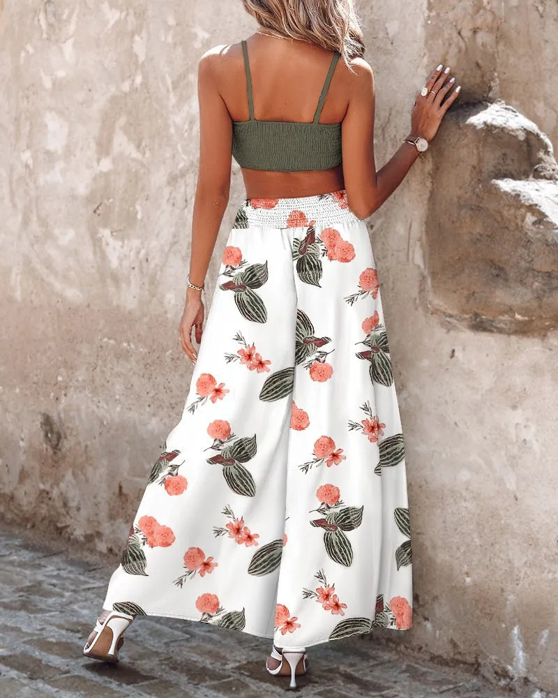 Summer New Commuter Two-piece Printed Lace-up Wide-leg Pants Suit