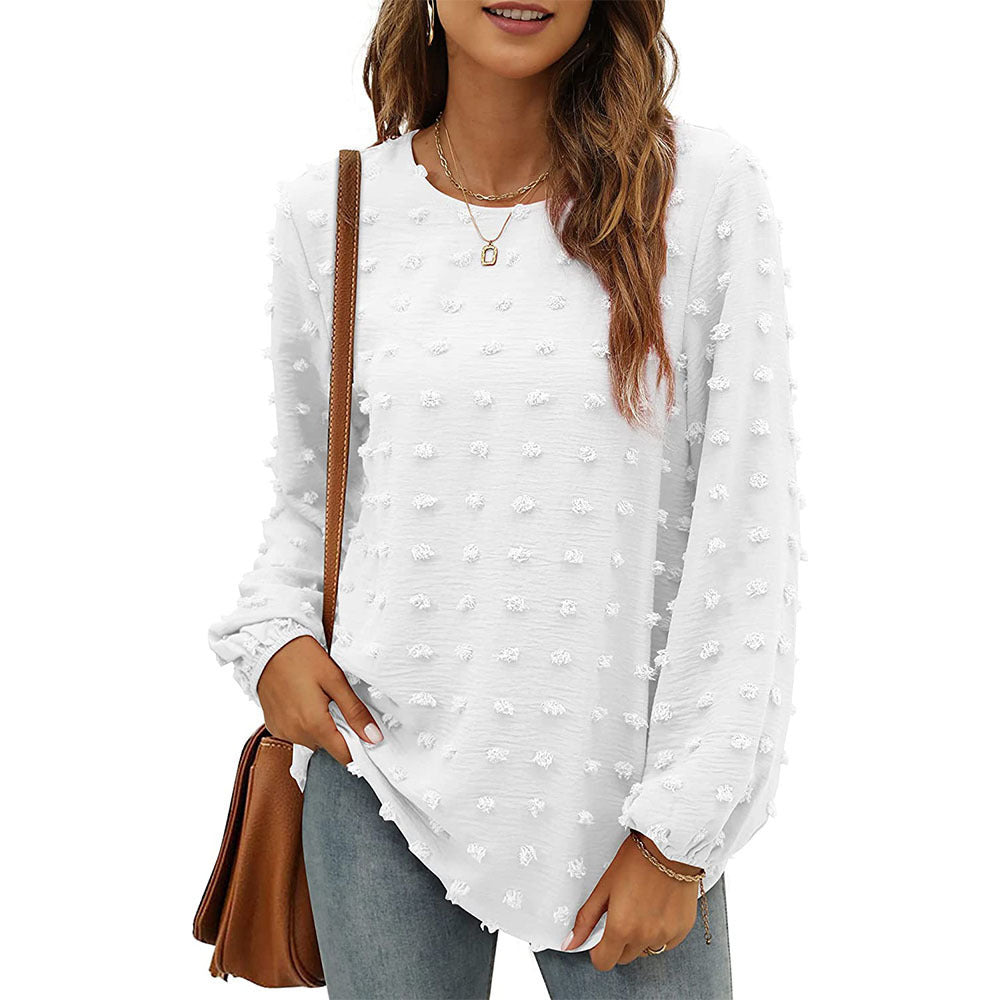 Fashion Jacquard Long-sleeved Round Neck T-shirt Casual Loose Pullover Top Womens Clothing