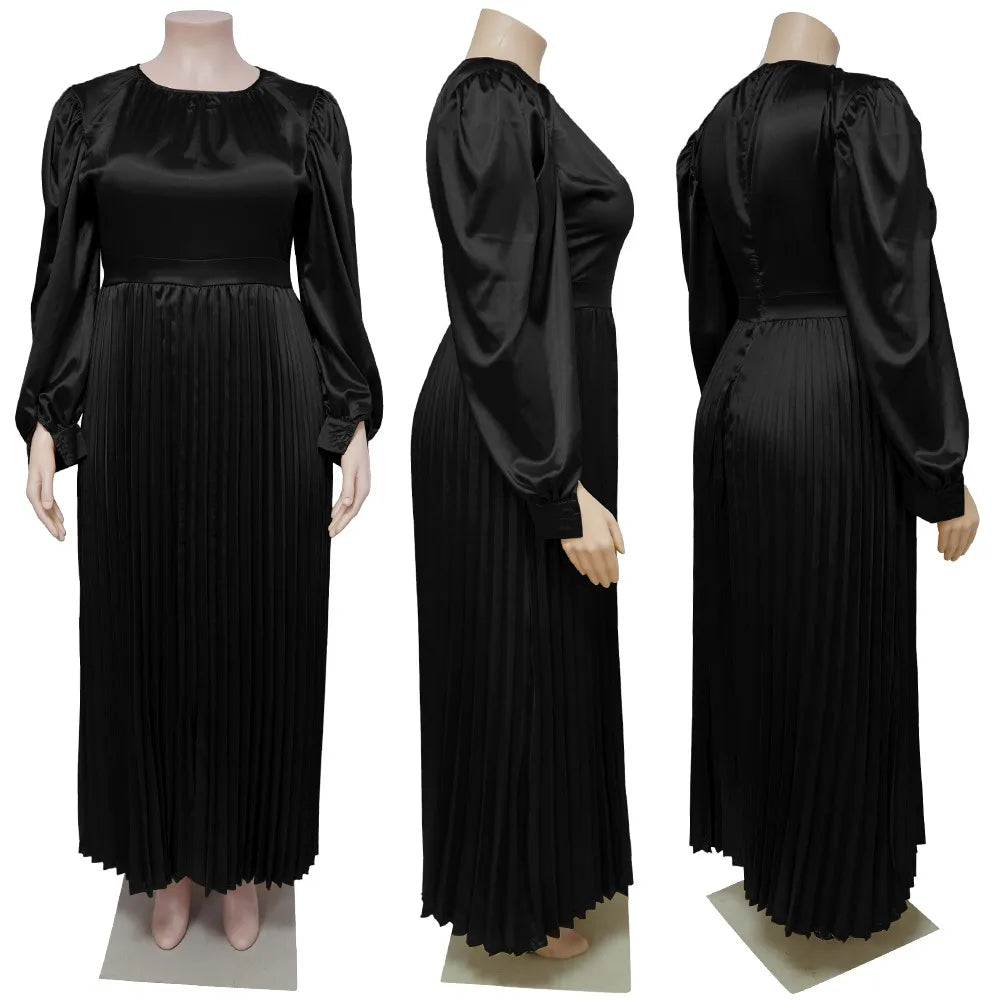Pleated Round-neck Long Dress Women