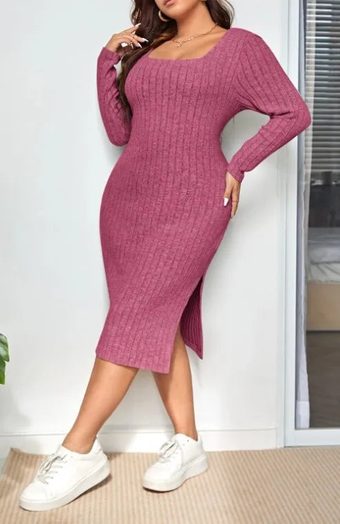 Long Sleeve Narrow Slit Slim-fitting Sunken Stripe Knitted Dress