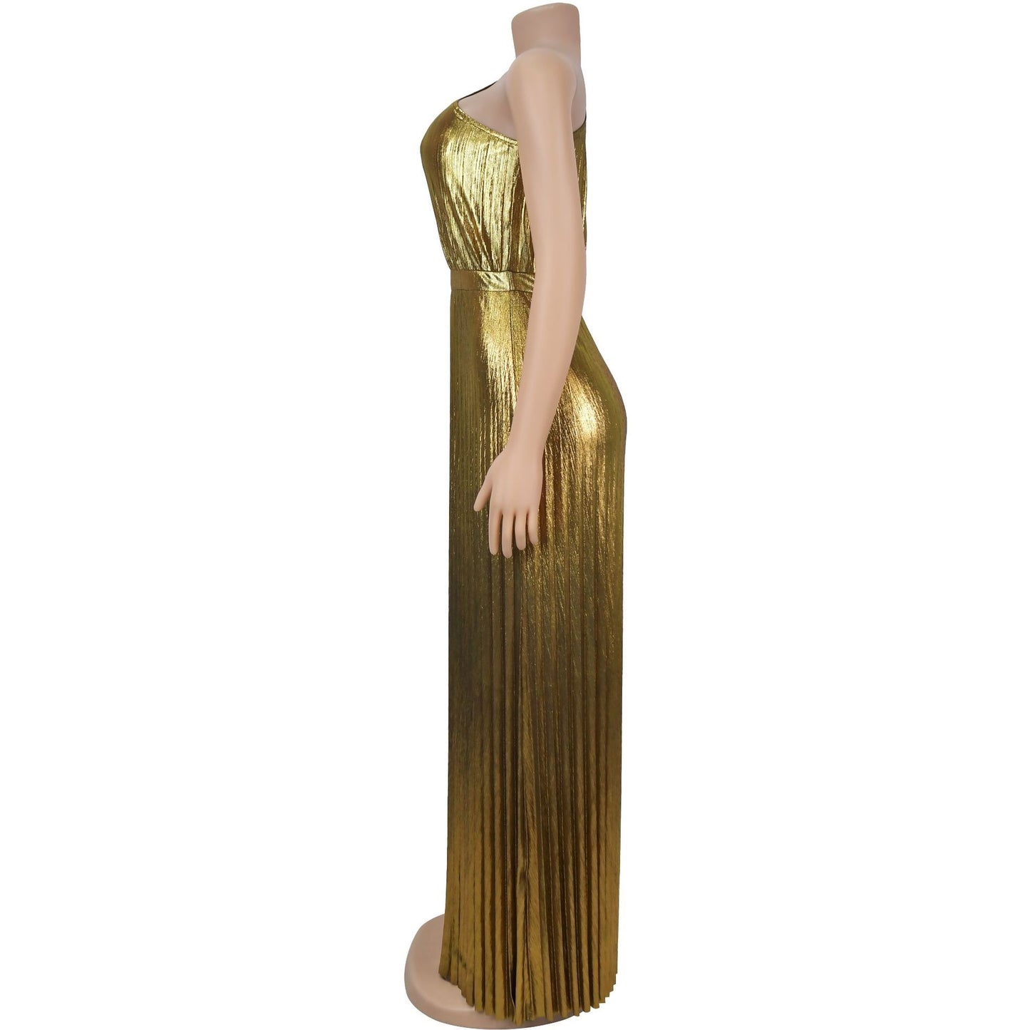 European And American Fashion Elegant Bronzing Oblique Shoulder Sleeveless Solid Color Dress