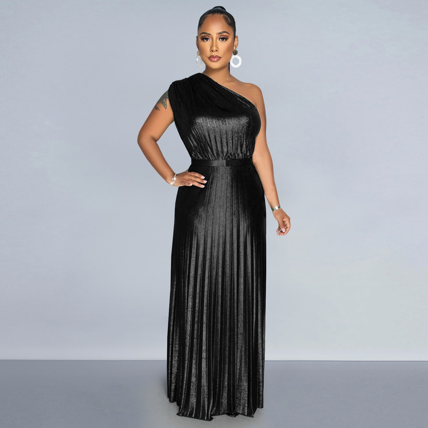 European And American Fashion Elegant Bronzing Oblique Shoulder Sleeveless Solid Color Dress