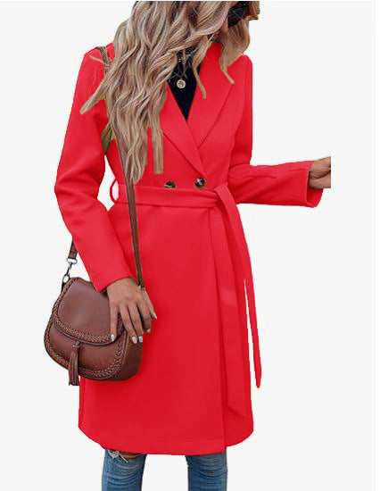 Long Woolen Women's Waist-controlled Lace-up Double Breasted Coat