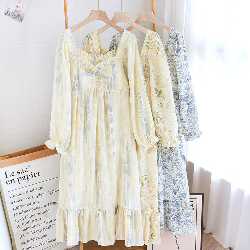 Cotton Crepe Chest Pad Long Sleeve Skirt U-collar Pullover Nightdress