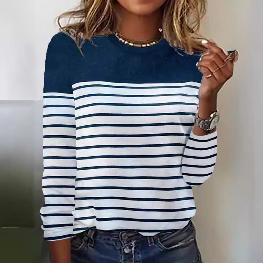 Long Sleeve Striped Two-tone Printed Patchwork Round Neck Top T-shirt