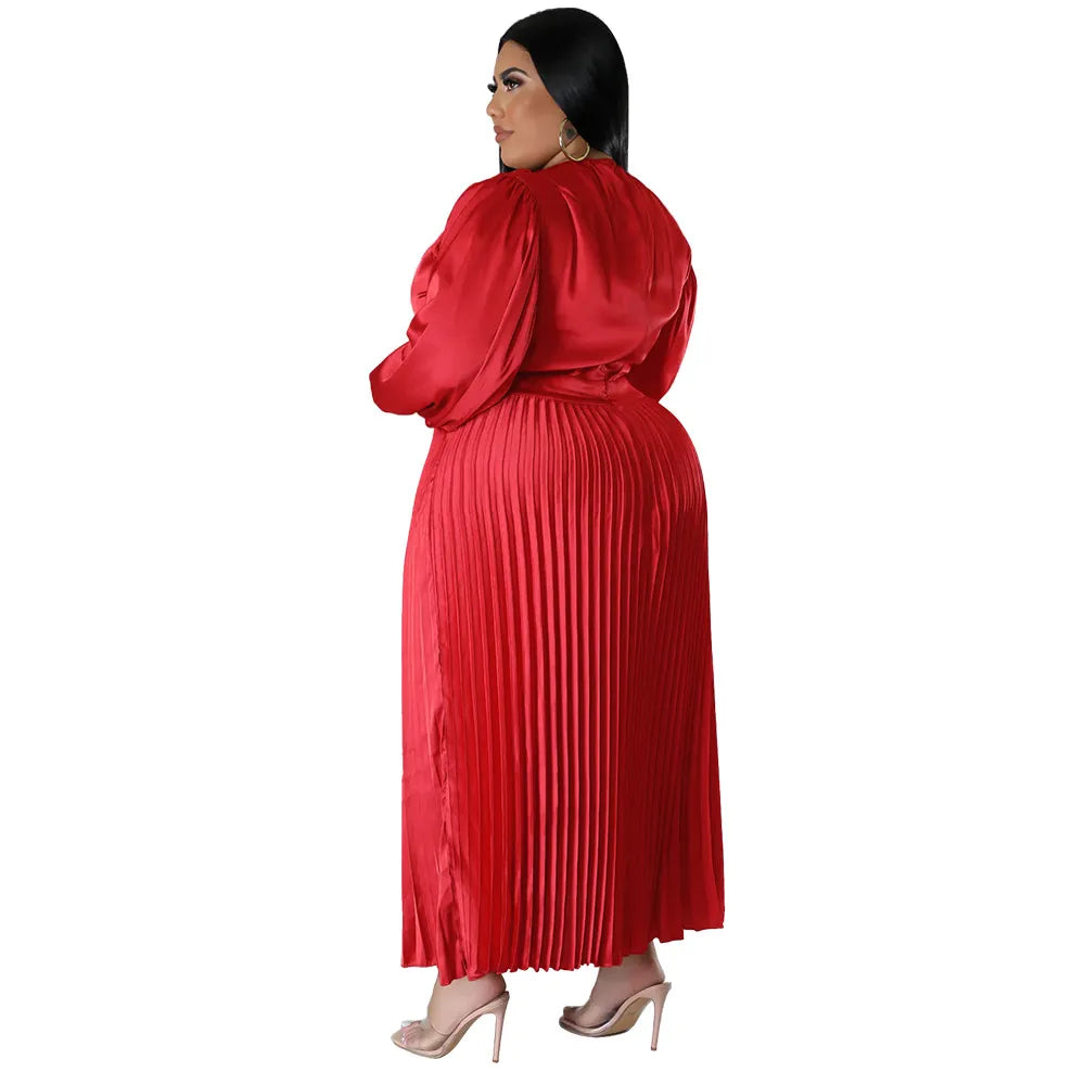 Pleated Round-neck Long Dress Women