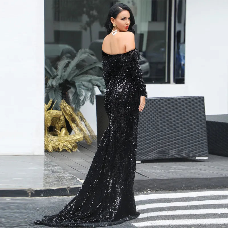Sexy Strapless Long Sleeve Sequins Party Evening Dress