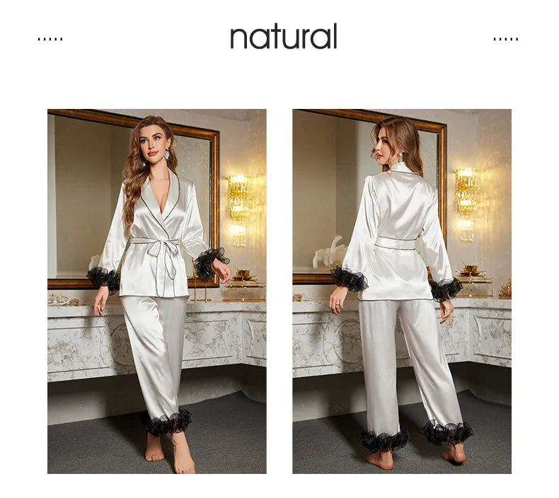 Elegant Women's Ice Silk Pajamas Set with Lace – Long Sleeve & Pants Sleepwear