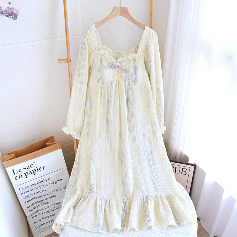 Cotton Crepe Chest Pad Long Sleeve Skirt U-collar Pullover Nightdress