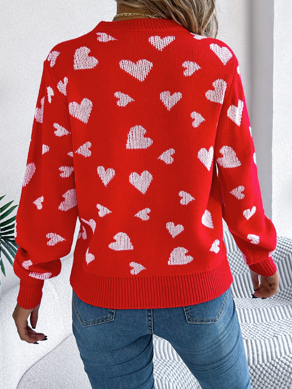 Heart Pattern Round Neck Long Sleeve Sweater