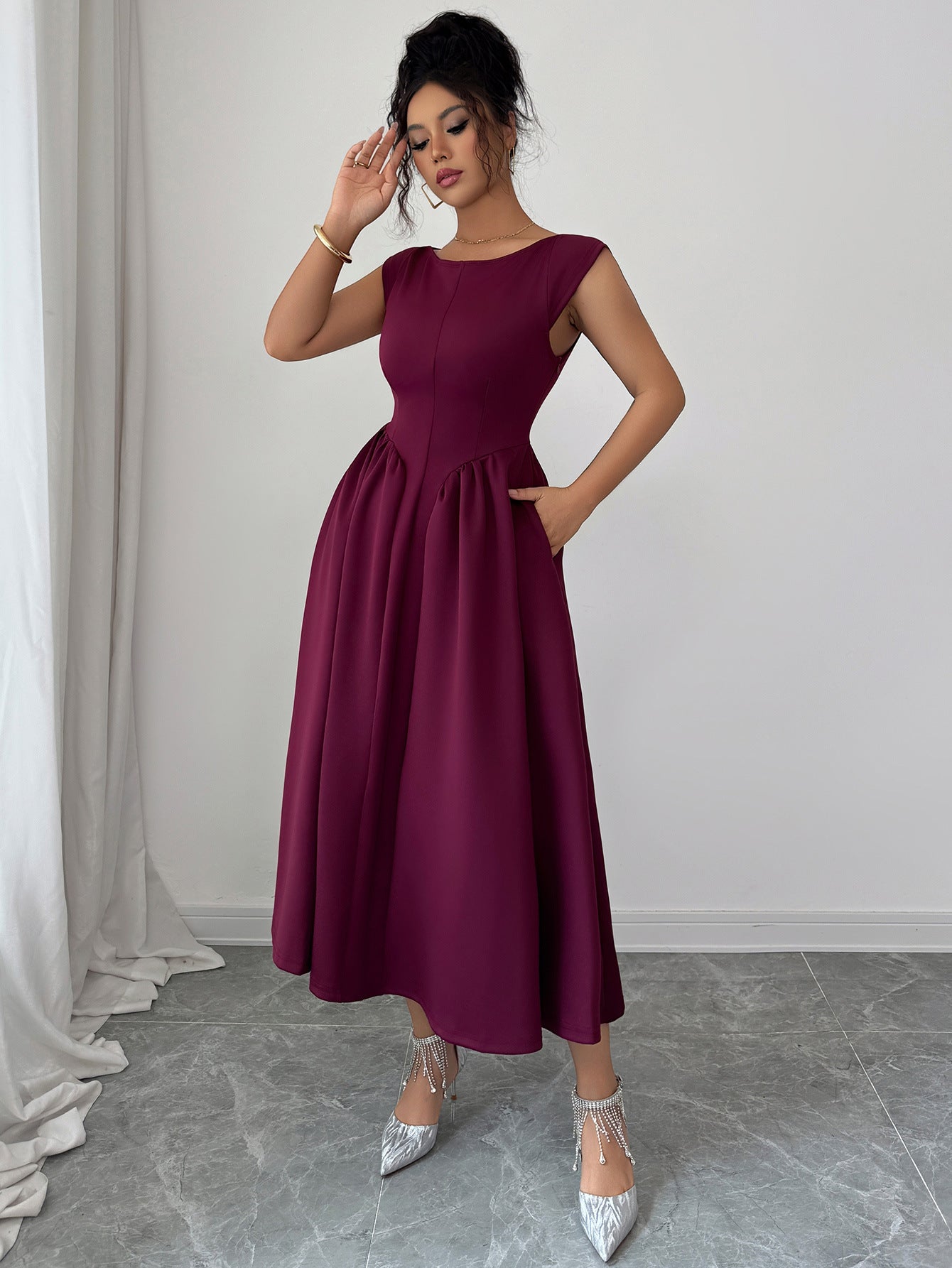 Solid Color Waist Long Skirt Dress Women