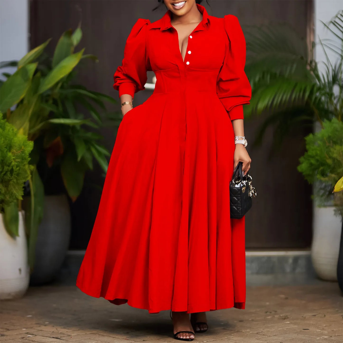 Women's Elegant Long Sleeve Big Hem Shirt Solid Color Dress