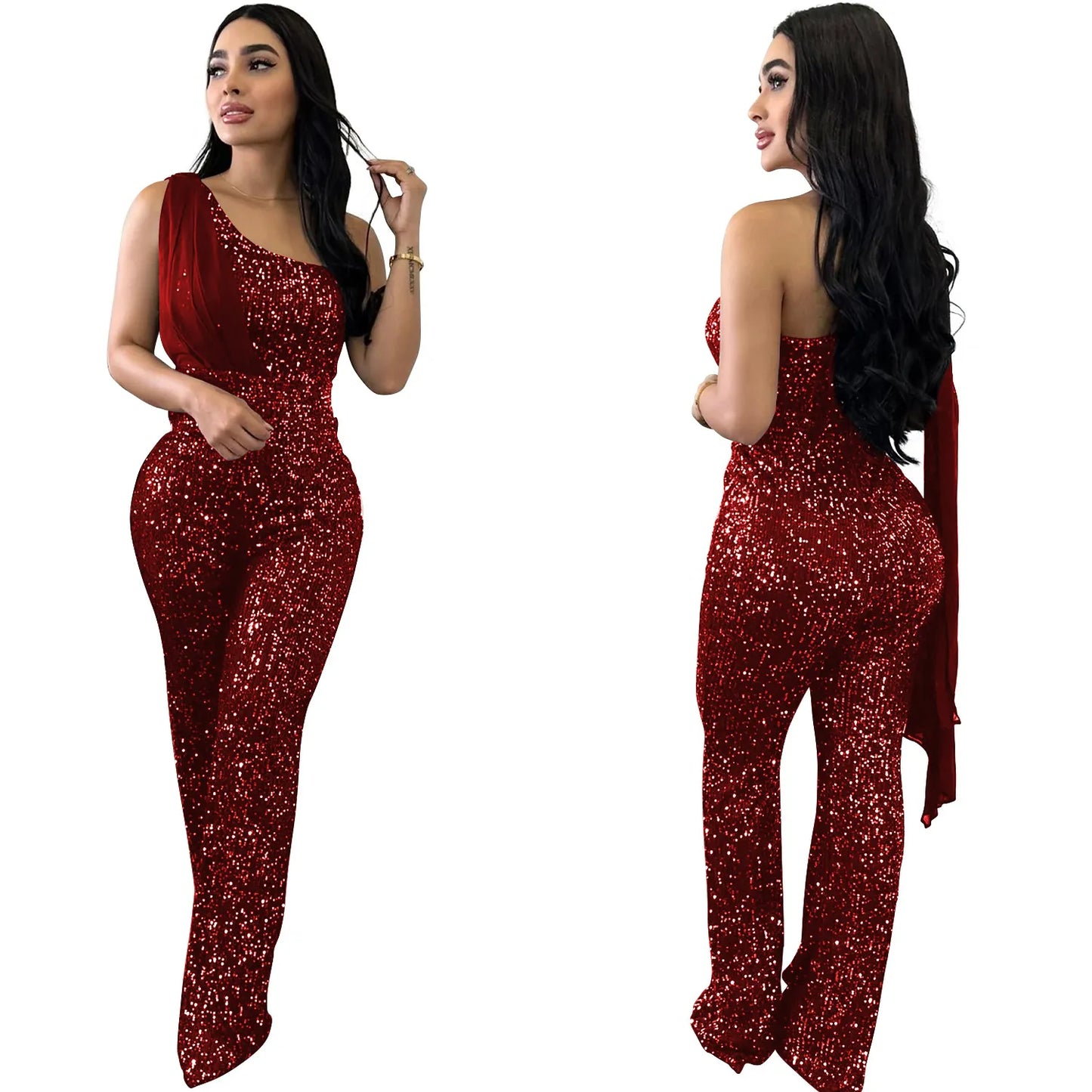 Women's Solid Color Sleeveless One-shoulder Sequined Trousers Jumpsuit