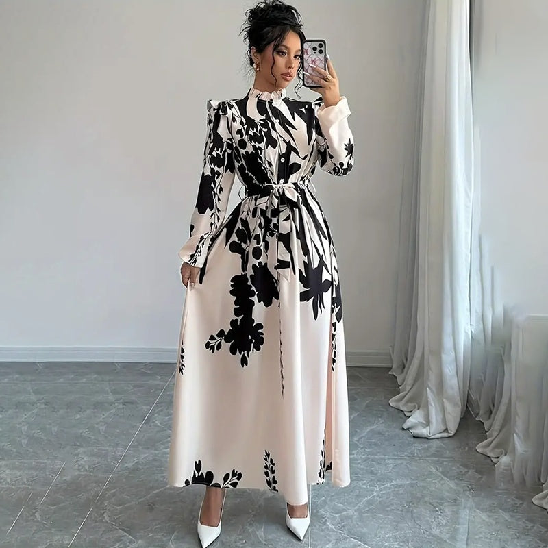 Women's Floral Print Long Sleeve Stand Collar A-Line Maxi Dress -  Free USA Shipping