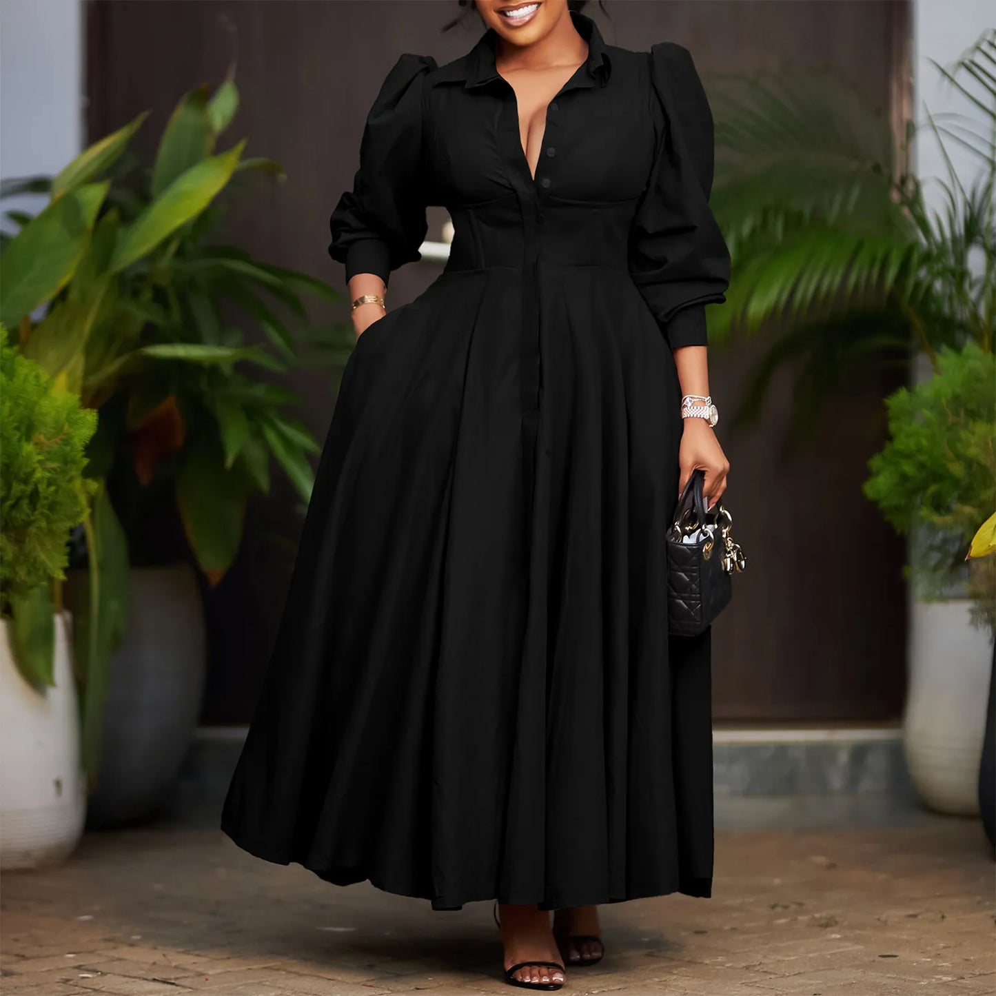 Women's Elegant Long Sleeve Big Hem Shirt Solid Color Dress