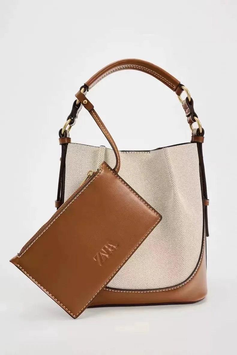 Fashion Drawstring Canvas Contrast Color Casual One-shoulder Bucket Bag