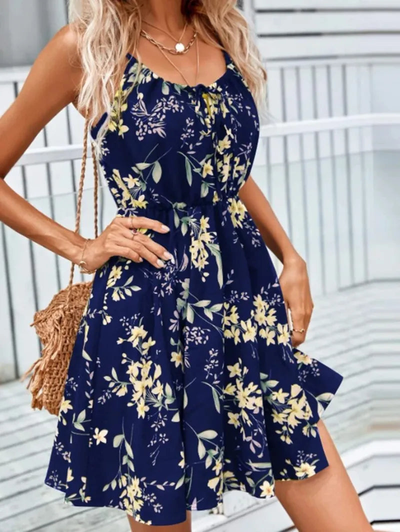 Elegant Sleeveless Dress With Printed Elastic Waist And Suspenders For Women