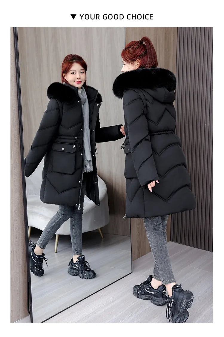 Women's Mid-length Big Fur Collar Hooded Cotton Vest Cotton-padded Jacket