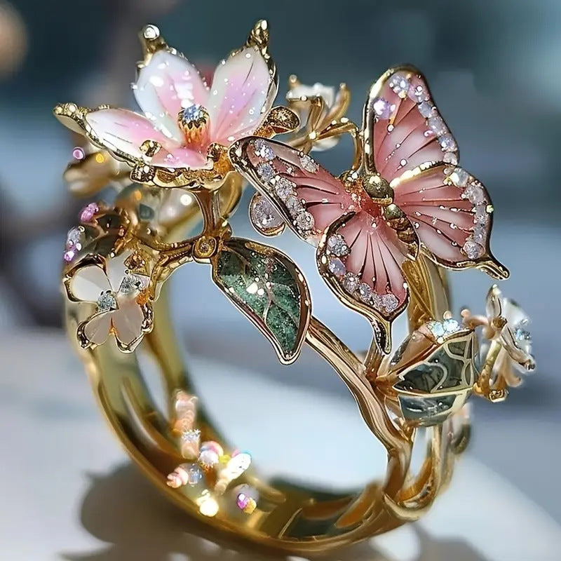 Flower Butterfly Ring With Rhinestones And Oil Dropping Design Fashion Personalized Jewelry For Women