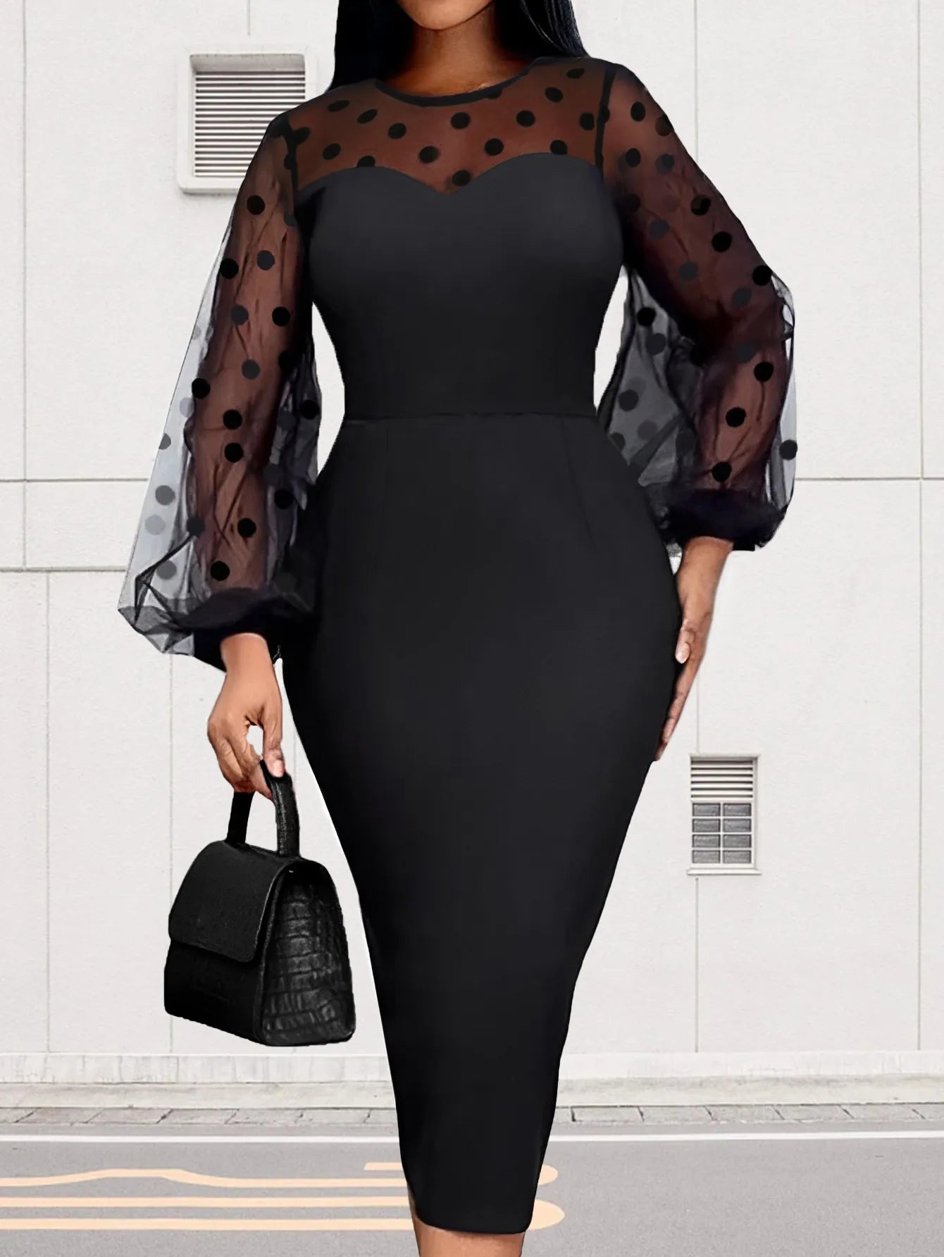 Women's Clothing Dot Mesh Patchwork Waist-slimming Sheath Long Sleeve Dress